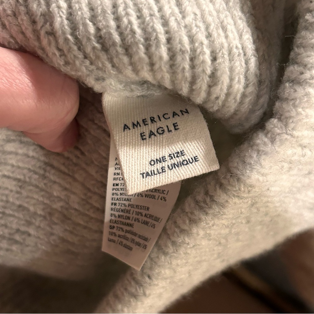 American Eagle Beanie‎ Hat OS Grey Ribbed Knit Wool Blend Cuffed Logo - Picture 3 of 4